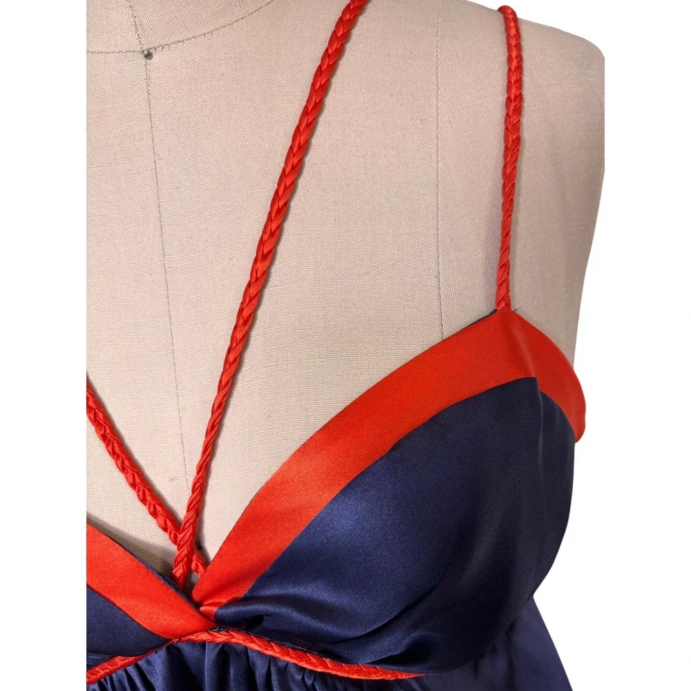 Boho Otomi Voom Floral 100% Silk Empire Waist Mini Dress M Navy Blue Vintage